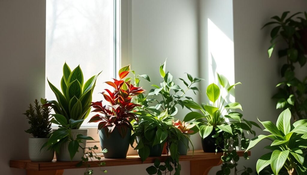 A bright, airy indoor scene featuring a collection of thriving houseplants artfully arranged on a wooden shelf. The plants, diverse in shape and color, cast gentle shadows on the wall behind them, creating a calming ambiance. Soft, diffused natural light filters in through a nearby window, illuminating the lush foliage and highlighting the plants' vibrant hues. The overall composition conveys a sense of effortless maintenance, with the plants appearing healthy and well-cared for, reflecting the idea of low-maintenance greenery in a busy lifestyle. plantas de baixa manutenção para um jardineiro ocupado
