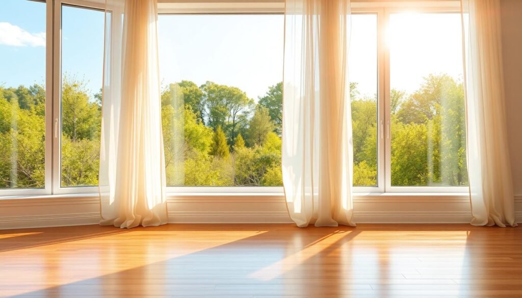 A bright, airy interior with large, gleaming windows overlooking a lush, verdant landscape. Sunlight streams in, casting a warm, golden glow across the clean, polished hardwood floors and pristine white baseboards. Sheer, gossamer curtains gently billow, adding a sense of effortless elegance and flow. The windows are perfectly clear, allowing an unobstructed view of the vibrant greenery and blue sky beyond. The overall atmosphere is one of lightness, tranquility, and a refreshing spring-like ambiance.