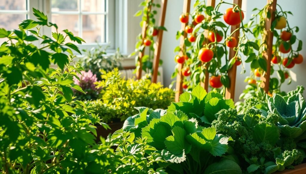 A bright, sun-drenched kitchen garden filled with thriving, easy-to-grow herbs and vegetables. In the foreground, lush bunches of fragrant basil, oregano, and parsley sway gently in a soft breeze. The middle ground showcases a variety of leafy greens, such as lettuce, spinach, and kale, their vibrant colors contrasting beautifully. In the background, a few towering tomato plants with ripe, juicy fruits stand tall, their vines snaking up simple wooden trellises. The scene is illuminated by warm, natural light filtering through a window, casting a cozy, inviting atmosphere. The overall composition conveys a sense of effortless abundance and the joy of homegrown, organic produce.