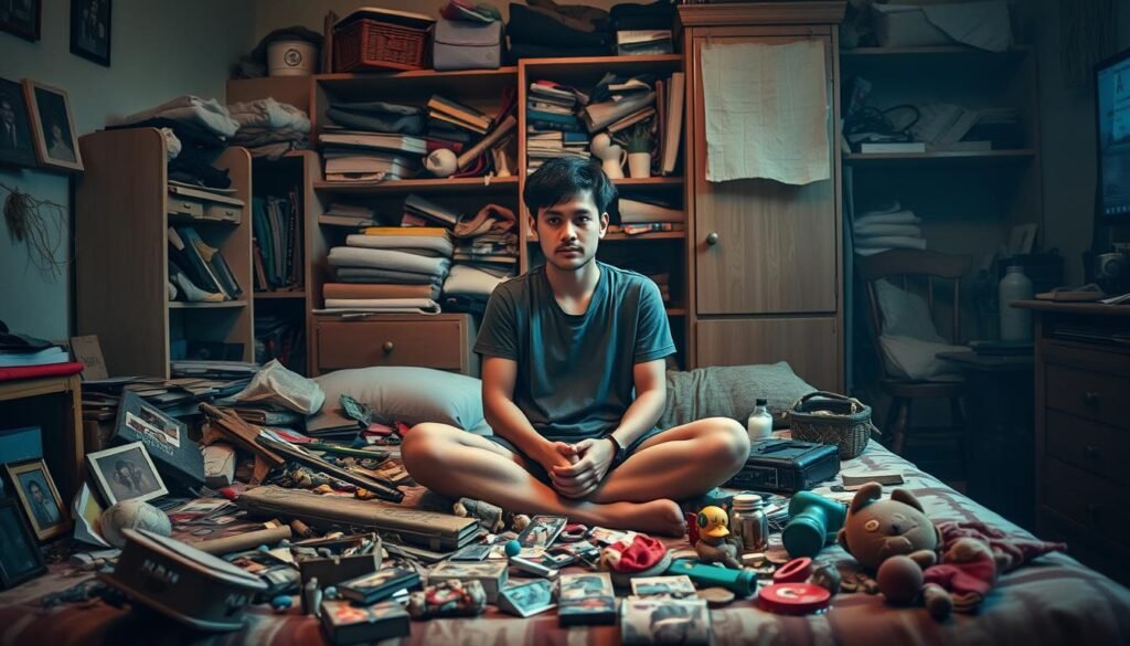 A cluttered bedroom scene, dimly lit with a warm, soft glow. In the foreground, a person sits cross-legged on a bed, surrounded by an array of sentimental objects - old photographs, trinkets, and worn-out toys. The person's expression is pensive, as they contemplate the emotional attachment to these items. In the middle ground, shelves and drawers overflow with more possessions, hinting at the difficulty of letting go. The background fades into a hazy, introspective atmosphere, evoking the internal struggle of "apego objetos" - the attachment to material things. The scene conveys the complex feelings of fear, pain, and love that often accompany the process of detachment from cherished items. melhores dicas para desapegar de itens sentimentais