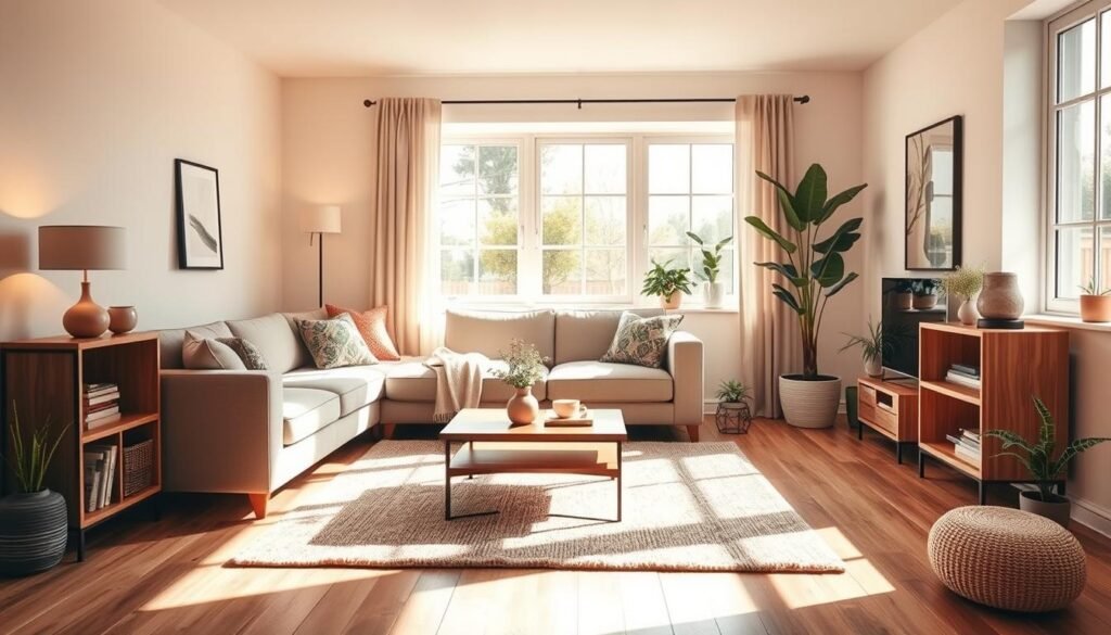 A cozy and functional living room layout with a smart L-shaped arrangement. Sunlit space with warm, soft lighting. Plush sofa and armchair in neutral tones, complemented by a low, wooden coffee table. Shelving unit in the corner, displaying decorative objects. Minimalist rug and potted plants add natural touches. Large windows allow natural light to flow in, creating an airy, inviting atmosphere. The layout emphasizes efficient use of space, easy circulation, and balanced visual elements for a small, budget-friendly living area.