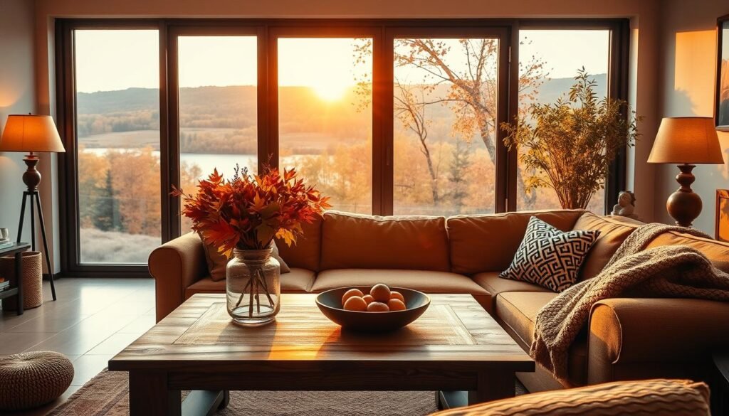 A cozy and inviting autumn-inspired living room, or sala, bathed in warm, soft lighting. The focal point is a large, plush sofa in an earthy, rustic tone, complemented by a patterned throw pillow and a knit blanket. A wooden coffee table sits in the foreground, adorned with a vase of vibrant fall foliage. In the background, a floor-to-ceiling window offers a picturesque view of a lush, colorful landscape, with the sun's golden rays peeking through. Strategically placed accent pieces, such as a vintage-inspired lamp and a decorative bowl, add to the room's autumnal charm. The overall atmosphere is one of comfort, coziness, and a touch of rustic elegance, perfectly capturing the essence of autumn. como decorar para o outono com baixo orçamento