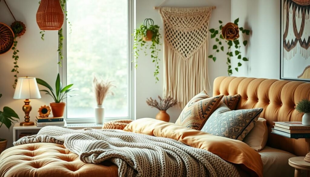 A cozy and inviting boho chic bedroom with a warm, natural ambiance. In the foreground, a plush, tufted headboard in earthy tones anchors the scene, complemented by layers of patterned throw pillows and a chunky knit blanket. Midground features a nightstand with a brass lamp, dried flowers, and a stack of vintage books. The background showcases a macrame wall hanging, trailing plants, and a large window that allows soft, diffused natural light to pour in, creating a serene, bohemian atmosphere. The overall composition evokes a sense of comfort, style, and a touch of eclectic charm. design de quarto boho para espaços pequenos