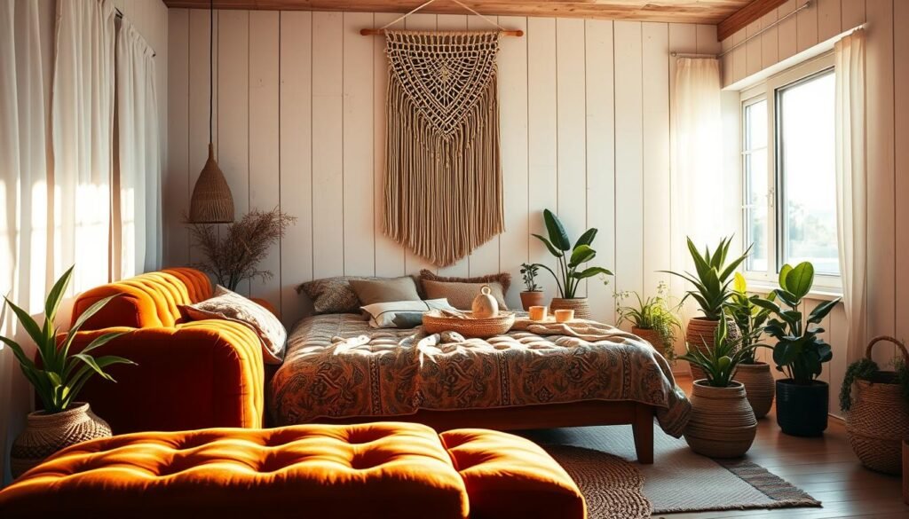 A cozy and inviting boho-style bedroom, bathed in warm, golden natural lighting filtering through sheer curtains. In the foreground, a plush, tufted velvet headboard in a rich ochre hue, accented by a mix of patterned throw pillows in earthy tones. Hanging above, a large macrame wall hanging in an intricate, bohemian design. In the middle ground, a low-profile wooden bed frame with a lush, textured duvet cover in a muted paisley print. Surrounding the bed, an assortment of potted plants, straw baskets, and natural fiber rugs creating a relaxed, earthy atmosphere. In the background, whitewashed wood paneling and a single large window, letting in the warm glow of the afternoon sun. design de quarto boho para espaços pequenos
