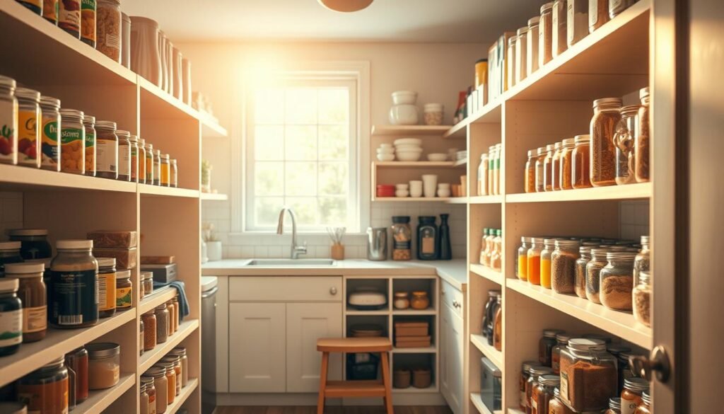 A cozy and organized kitchen pantry, bathed in warm, natural lighting. In the foreground, neatly arranged shelves display a variety of canned goods, spices, and dry ingredients in uniform jars and containers. In the middle ground, a small step stool allows easy access to higher shelves. The background showcases a window, letting in soft, diffused daylight and offering a glimpse of a well-maintained kitchen. The overall atmosphere is one of order, efficiency, and a sense of domestic tranquility. como organizar uma pequena despensa de cozinha