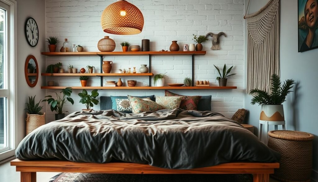 A cozy, bohemian-style bedroom in a small space. In the foreground, a plush, jewel-toned velvet duvet covers a low, wooden platform bed, adorned with an array of colorful, patterned pillows. Mid-ground, a rattan pendant light casts a warm, ambient glow, surrounded by floating shelves displaying an eclectic mix of plants, ceramics, and artful trinkets. The background features a whitewashed brick wall, with a macrame wall hanging adding a touch of texture and bohemian flair. Soft, natural lighting filters in through a large window, creating a serene, inviting atmosphere. Subtle earth-toned accents, such as a woven basket and a carved wooden stool, complete the cozy, harmonious design. design de quarto