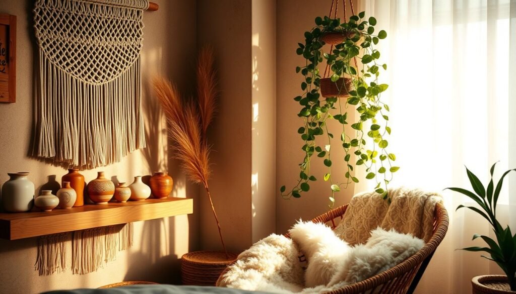 A cozy boho-chic bedroom corner with a mix of natural textures and warm, earthy tones. In the foreground, a woven macrame wall hanging and an array of handcrafted ceramic trinkets and vases adorn a rustic wood shelf. In the middle, a plush, tasseled throw blanket drapes over a rattan chair, inviting relaxation. The background features a lush, trailing plant cascading from a hanging planter, casting soft shadows across the scene. Warm, diffused lighting creates a serene, inviting atmosphere, highlighting the organic, artisanal details that transform this intimate space. design de quarto boho para espaços pequenos