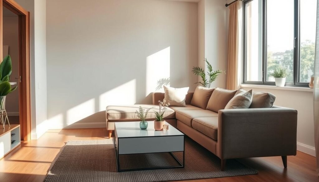 A cozy living room with a minimalist yet stylish design, featuring a small L-shaped sofa in a neutral tone, complemented by a sleek coffee table with clean lines. The room is bathed in warm, natural lighting from a large window, creating a welcoming and relaxing atmosphere. Subtle accents, such as a potted plant and a textured rug, add depth and personality to the space. The overall aesthetic reflects a budget-friendly approach to design, showcasing how small spaces can be transformed into inviting and functional living areas.