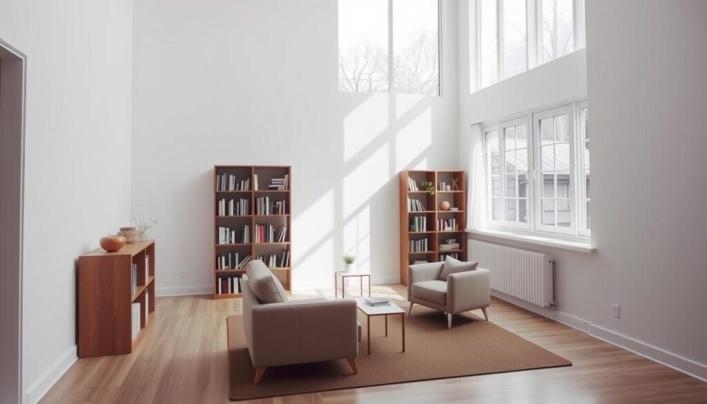 A cozy, minimalist living room with natural light streaming in through large windows. The room is organized with clean lines and a neutral color palette, featuring a neatly arranged bookshelf, a small side table, and a comfortable armchair. The overall atmosphere is one of calm and simplicity, reflecting the principles of a minimalist lifestyle. The camera angle is slightly elevated, capturing the harmonious layout of the space. como viver um estilo de vida minimalista em casa