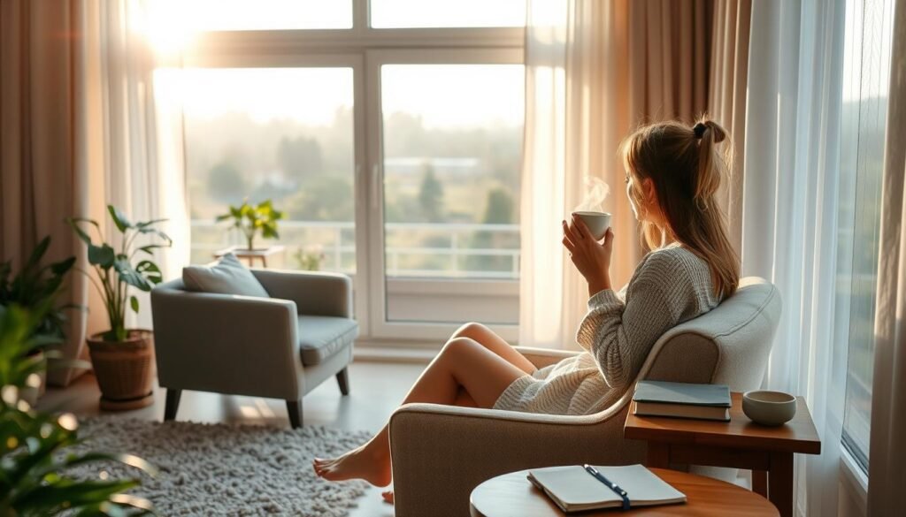 A cozy morning interior scene, bathed in soft, warm natural light filtering through sheer curtains. In the foreground, a woman sitting on a comfortable armchair, legs curled up, sipping a steaming cup of tea while gazing contemplatively out of a large window. The middle ground features a minimal but tastefully decorated living room, with potted plants, a plush area rug, and a wooden side table holding a journal and pen. The background depicts a tranquil outdoor landscape, perhaps a lush garden or serene neighborhood, creating a sense of peaceful retreat from the world. The overall atmosphere is one of unhurried calm and mindful self-care. maneiras simples de praticar autocuidado em casa