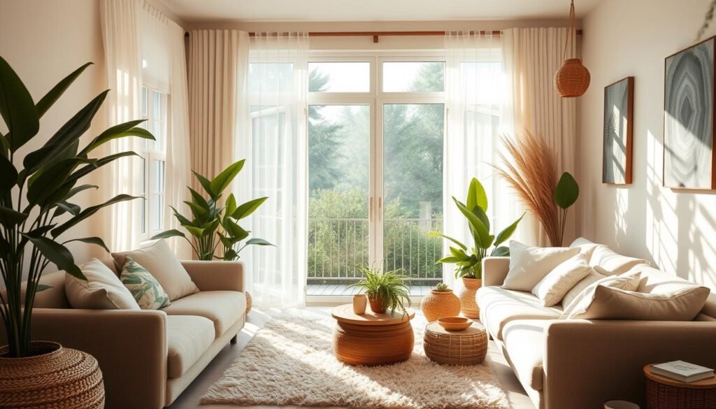 A cozy, sun-drenched living room with plush, earthy-toned furniture and lush indoor plants casting gentle shadows. Soft natural light filters through sheer curtains, creating a calming, spa-like ambiance. A large window overlooking a tranquil garden offers a peaceful view. The space is decorated with natural, organic elements like woven baskets, wooden accents, and a fluffy, neutral-colored rug underfoot. A sense of serenity and mindfulness permeates the room, inviting relaxation and self-care. maneiras simples de praticar autocuidado em casa