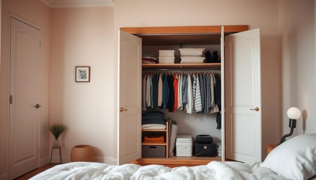 Como organizar o armário: Um quarto aconchegante e bem iluminado com um guarda-roupa minimalista e organizado em primeiro plano. As portas do guarda-roupa estão abertas, revelando roupas, acessórios e itens essenciais cuidadosamente dobrados. Ao fundo, uma parede serena em tons pastéis, com alguns elementos decorativos simples, como um vaso de plantas ou uma obra de arte. O clima geral é de tranquilidade e foco, refletindo o ato de planejar e preparar um espaço sem bagunça. A cena é capturada de uma perspectiva ligeiramente inclinada, enfatizando a sensação de ordem e controle. Uma iluminação suave e difusa cria um ambiente acolhedor e convidativo, destacando a cuidadosa organização do conteúdo do guarda-roupa.