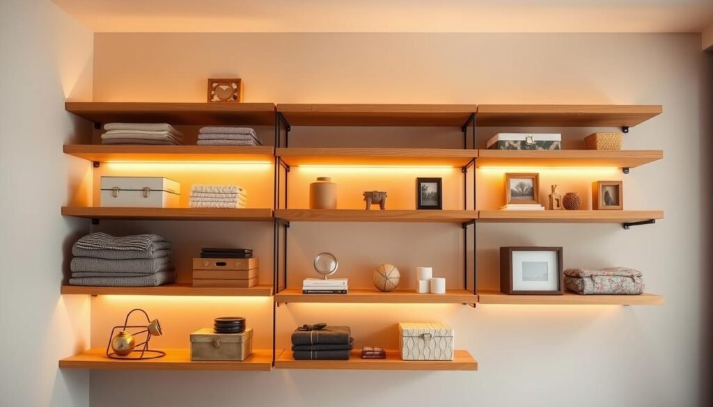 Um espaço de armazenamento aconchegante e bem organizado com um conjunto de prateleiras flutuantes de madeira iluminadas por uma luz natural e aconchegante. As prateleiras estão dispostas em um padrão limpo e simétrico, cada uma contendo itens empilhados ordenadamente, como roupas dobradas, caixas decorativas e bugigangas cuidadosamente selecionadas. O fundo é uma parede suavemente desfocada, em tons neutros, criando uma sensação de profundidade e simplicidade. A atmosfera geral evoca uma sensação de ordem, eficiência e um toque de aconchego, perfeitamente adequada à seção "Distribuição no espaço: prateleiras, pilhas e o que vai ao fundo" do artigo.