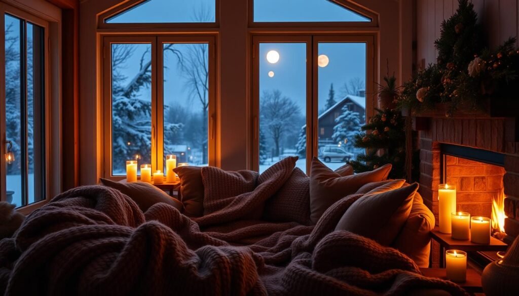 A cozy winter living room bathed in a warm glow, the soft light of a fireplace casting a gentle radiance across the scene. Plush knitted throws and pillows in earthy tones invite you to sink in and relax. Candles flicker on side tables, their flames dancing and casting flickering shadows. The air is lightly scented with the comforting aroma of cinnamon and clove, creating a soothing, intimate ambiance. Large windows frame a snowy, moonlit landscape outside, the tranquil winter night visible through the glass. This is a sanctuary of comfort and calm, a space that envelops you in a sense of hygge and quiet contemplation.