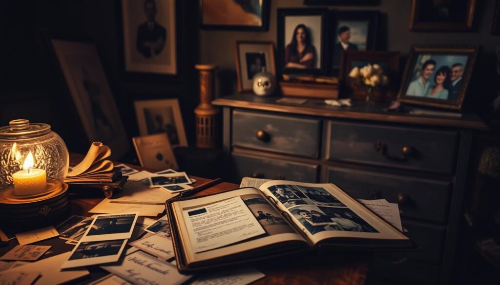 A dimly lit, cozy room filled with personal mementos and framed photographs. Soft, warm lighting casts a nostalgic glow, highlighting the delicate textures of aged paper and faded film. In the foreground, a collection of old polaroids, letters, and ticket stubs are artfully arranged, conveying a sense of cherished memories. The middle ground features a worn, leather-bound photo album, its pages open to reveal carefully curated snapshots of loved ones and special moments. In the background, a weathered wooden dresser displays a selection of framed family portraits, their subjects smiling serenely. The overall atmosphere evokes a sense of reflection, inviting the viewer to pause and reconnect with the emotions and stories embedded within these sentimental keepsakes. A dimly lit, cozy room filled with personal mementos and framed photographs. Soft, warm lighting casts a nostalgic glow, highlighting the delicate textures of aged paper and faded film. In the foreground, a collection of old polaroids, letters, and ticket stubs are artfully arranged, conveying a sense of cherished memories. The middle ground features a worn, leather-bound photo album, its pages open to reveal carefully curated snapshots of loved ones and special moments. In the background, a weathered wooden dresser displays a selection of framed family portraits, their subjects smiling serenely. The overall atmosphere evokes a sense of reflection, inviting the viewer to pause and reconnect with the emotions and stories embedded within these sentimental keepsakes.