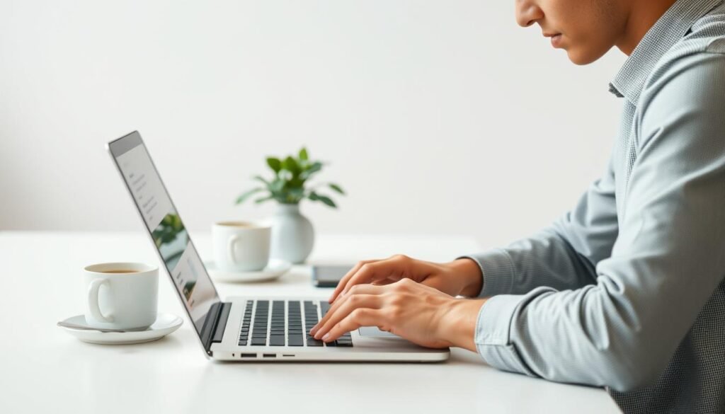 A focused person, sitting at a minimalist desk, deep in concentration. The foreground features their hands on a laptop, fingers typing intently. A simple, uncluttered workspace with a plant and a cup of coffee in the middle ground, conveying a sense of calm and productivity. The background is blurred, suggesting a clean, airy environment with soft, natural lighting, free from distractions. The overall mood is one of determination and flow, reflecting the ability to maintain focus and avoid interruptions.
