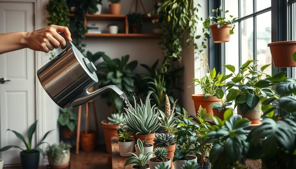 A lush indoor garden scene with a person tending to their potted plants. In the foreground, a person's hands gently watering a variety of thriving houseplants using a sleek watering can. The middle ground features a selection of potted plants, including succulents, ferns, and leafy greens, arranged on a wooden plant stand near a large window that lets in soft, natural lighting. The background showcases a cozy, minimalist interior with warm, earthy tones, with plants cascading from shelves and hanging baskets. The overall scene conveys a sense of nurturing care, tranquility, and a connection to nature within an urban living space.