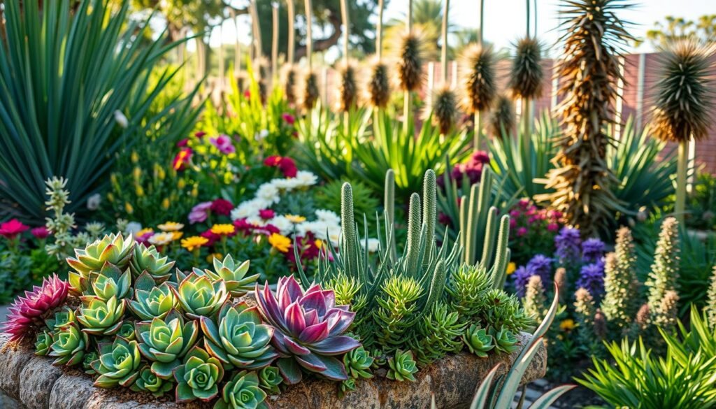 A lush, low-maintenance garden scene filled with a variety of resilient, vibrant plants. In the foreground, a cluster of hardy succulents in shades of green and purple cascade over a weathered stone planter. The middle ground features a mix of drought-tolerant flowering plants, their petals softly backlit by warm, natural sunlight. In the background, a row of tall, stately yuccas sway gently in a gentle breeze, their spiky leaves casting dramatic shadows across the scene. The overall mood is one of effortless elegance and tranquility, perfect for the busy gardener seeking low-maintenance beauty. A lush, low-maintenance garden scene filled with a variety of resilient, vibrant plants. In the foreground, a cluster of hardy succulents in shades of green and purple cascade over a weathered stone planter. The middle ground features a mix of drought-tolerant flowering plants, their petals softly backlit by warm, natural sunlight. In the background, a row of tall, stately yuccas sway gently in a gentle breeze, their spiky leaves casting dramatic shadows across the scene. The overall mood is one of effortless elegance and tranquility, perfect for the busy gardener seeking low-maintenance beauty.