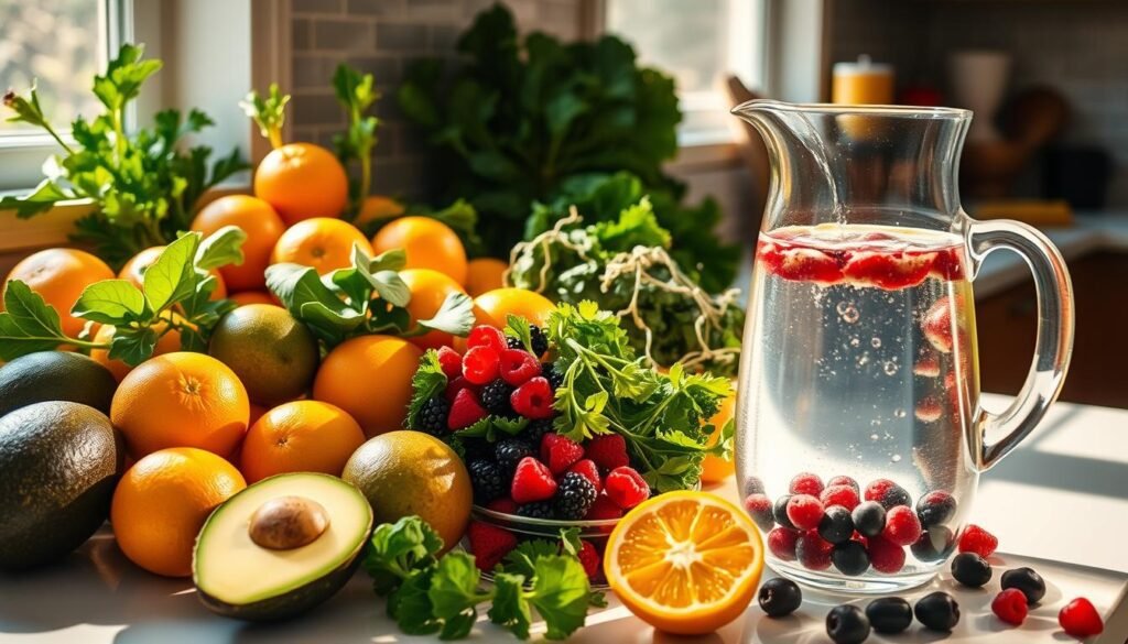 A lush, sun-drenched kitchen counter overflows with an array of fresh, vibrant produce - ripe avocados, juicy oranges, crisp kale, and vibrant berries. Nearby, a glass pitcher brimming with cool, filtered water reflects the warm, golden light. The scene exudes a sense of nourishment and balance, inviting the viewer to savor the simple pleasures of a healthful, hydrating meal. The image captures the essence of a lifestyle focused on self-care, where whole, natural foods sustain both the body and the spirit. maneiras simples de praticar autocuidado em casa