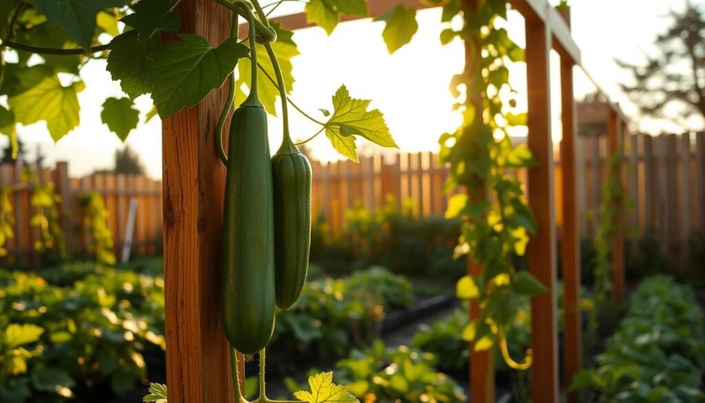 A lush, trellised vegetable garden bathed in warm, golden afternoon sunlight. In the foreground, a thriving, verdant cucumber plant climbs gracefully up the wooden trellis, its leaves and tendrils reaching towards the sky. Plump, vibrant green cucumbers hang from the vines, ready for harvest. The middle ground features other productive vegetable plants, neatly arranged in rows, creating a harmonious, well-tended scene. In the background, a wooden fence and a few distant trees frame the idyllic garden, conveying a sense of tranquility and abundance. The overall mood is one of a thriving, productive, and carefully curated small-scale urban oasis. melhores vegetais para cultivar em uma pequena horta
