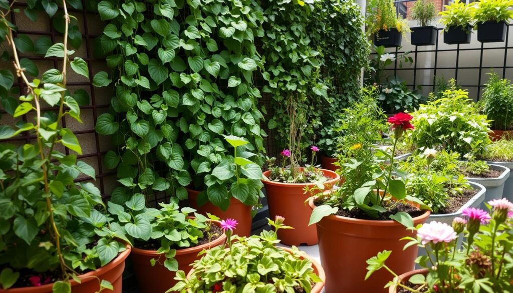 A lush, verdant garden flourishes in a compact urban setting. The foreground features an array of thriving potted plants - trailing vines, leafy greens, and vibrant flowers - expertly arranged in a cohesive, visually appealing composition. The middle ground showcases a vertical garden, with cascading greenery spilling down a trellis or wall-mounted planter. In the background, the scene is framed by a mix of small-scale raised beds and container gardens, creating a sense of depth and a layered, space-efficient design. The lighting is soft and natural, casting a warm, inviting glow over the scene. The overall mood is one of tranquility, productivity, and sustainable urban living.