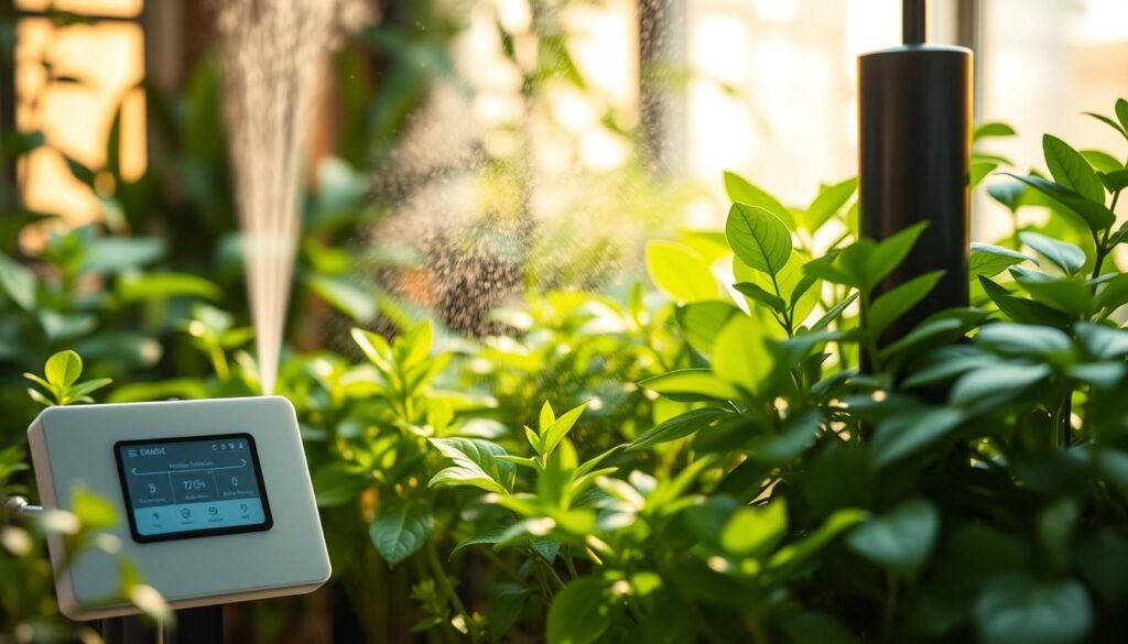 A lush, verdant indoor garden scene featuring a smart irrigation system. In the foreground, a sleek, minimalist control panel with a digital display showcases a simple watering schedule. Mist gently sprays from discreetly placed nozzles, nourishing a variety of thriving houseplants in the middle ground. The background is bathed in warm, indirect lighting, creating a serene, natural ambiance. The scene conveys a sense of effortless, automated care for the low-maintenance plants, reflecting the practical, time-saving nature of the "smart" watering system. A lush, verdant indoor garden scene featuring a smart irrigation system. In the foreground, a sleek, minimalist control panel with a digital display showcases a simple watering schedule. Mist gently sprays from discreetly placed nozzles, nourishing a variety of thriving houseplants in the middle ground. The background is bathed in warm, indirect lighting, creating a serene, natural ambiance. The scene conveys a sense of effortless, automated care for the low-maintenance plants, reflecting the practical, time-saving nature of the "smart" watering system.