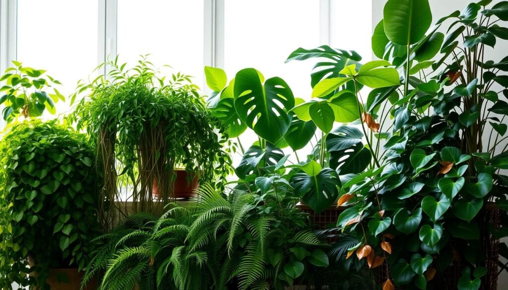 A lush, vibrant indoor plant display in a well-lit, minimalist interior. The foreground features a variety of cascading foliage plants, including dense, trailing philodendrons, delicate maiden hair ferns, and plush, velvety peperomias. The middle ground showcases a larger, upright plant with broad, glossy leaves, perhaps a monstera or fiddle-leaf fig. The background is filled with a soft, natural light filtering through a large window, creating a serene, calming atmosphere. The overall composition emphasizes the low-maintenance, self-sustaining nature of these resilient houseplants, perfect for a busy homeowner seeking a touch of greenery. plantas de baixa manutenção para um jardineiro ocupado