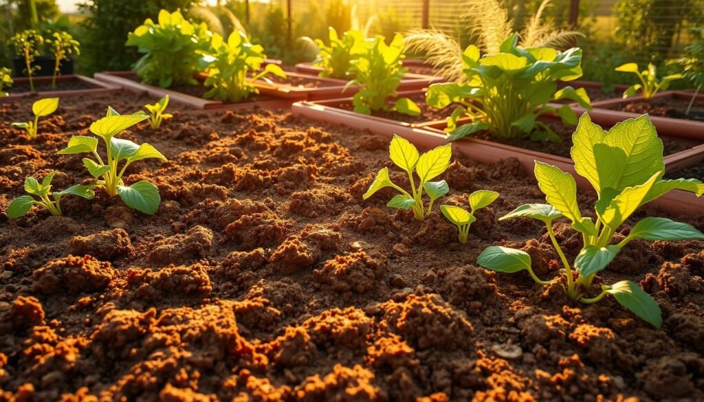 A lush, well-drained garden soil, teeming with life and nutrients, lies under a warm, golden afternoon sun. Carefully tended raised garden beds are arranged in a harmonious layout, their soil meticulously cultivated to create the perfect environment for thriving vegetables. Soft, loamy texture and optimal drainage allow water to percolate efficiently, preventing waterlogging. Vibrant green foliage of various plants sways gently in a light breeze, showcasing the healthy, robust growth enabled by the well-drained, nutrient-rich soil. A sense of order, balance, and abundance pervades the scene, capturing the essence of a productive and sustainable small-scale vegetable garden. A lush, well-drained garden soil, teeming with life and nutrients, lies under a warm, golden afternoon sun. Carefully tended raised garden beds are arranged in a harmonious layout, their soil meticulously cultivated to create the perfect environment for thriving vegetables. Soft, loamy texture and optimal drainage allow water to percolate efficiently, preventing waterlogging. Vibrant green foliage of various plants sways gently in a light breeze, showcasing the healthy, robust growth enabled by the well-drained, nutrient-rich soil. A sense of order, balance, and abundance pervades the scene, capturing the essence of a productive and sustainable small-scale vegetable garden.
