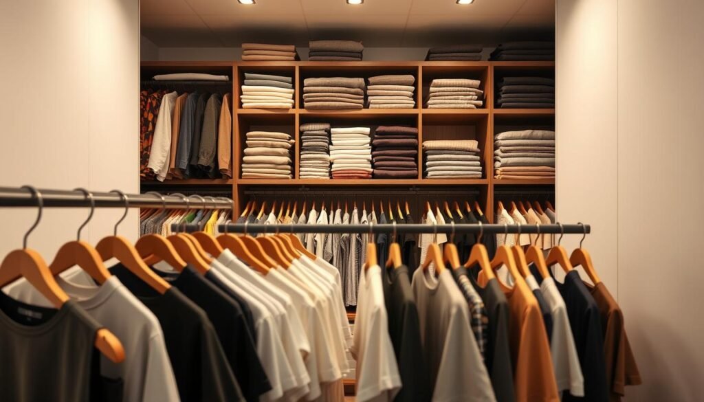 Um guarda-roupa meticulosamente organizado, com peças organizadas por categoria, estilo e ocasião. Em primeiro plano, uma variedade de peças de roupa, de camisetas casuais a vestidos formais, são exibidas em cabides de madeira, sobre um fundo limpo e minimalista. O centro apresenta prateleiras repletas de peças dobradas com precisão, codificadas por cores e etiquetadas para fácil identificação. Ao fundo, uma iluminação suave e aconchegante ilumina o espaço, criando uma sensação de ordem e tranquilidade. O cenário geral transmite uma abordagem simplificada e descomplicada à organização do guarda-roupa, refletindo a facilidade e a eficiência do sistema "Categoria".