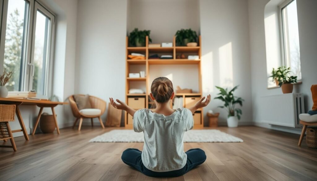 A minimalist home interior with a warm, natural aesthetic. In the foreground, a person sitting on the floor, hands open in a gesture of letting go. Soft, diffused lighting from large windows creates a serene ambiance. Mid-ground features neatly organized shelves and storage, highlighting the practice of decluttering. The background showcases a simple, earthy color palette with touches of greenery, conveying a sense of tranquility and detachment from material possessions. Camera angle slightly elevated to emphasize the feeling of introspection and personal growth. A minimalist home interior with a warm, natural aesthetic. In the foreground, a person sitting on the floor, hands open in a gesture of letting go. Soft, diffused lighting from large windows creates a serene ambiance. Mid-ground features neatly organized shelves and storage, highlighting the practice of decluttering. The background showcases a simple, earthy color palette with touches of greenery, conveying a sense of tranquility and detachment from material possessions. Camera angle slightly elevated to emphasize the feeling of introspection and personal growth.