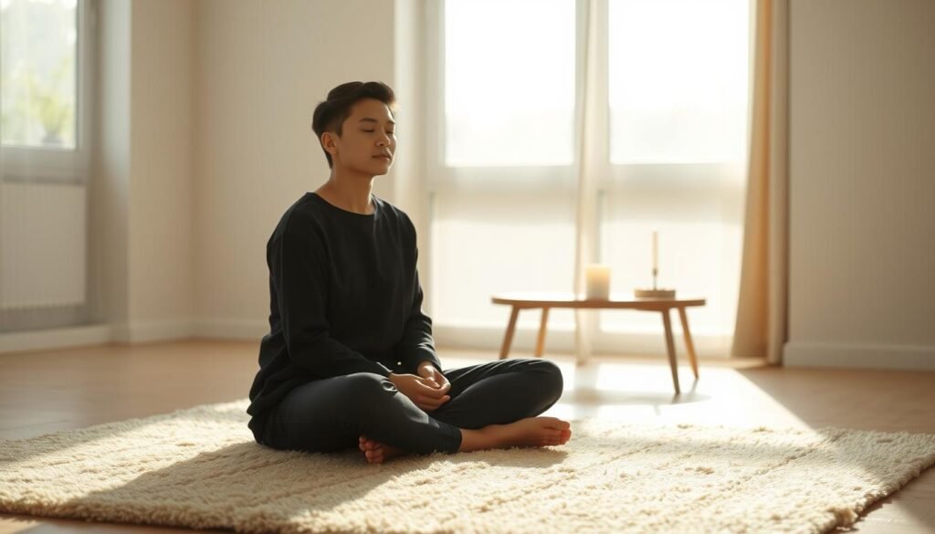 A minimalist interior space, bathed in natural light streaming through large windows. In the foreground, a person sits cross-legged on a plush, neutral-toned rug, deep in contemplation. Their face is serene, eyes closed, hands resting gently on their lap. In the middle ground, a sparse arrangement of essential household items - a plant, a simple wooden table, and a single candle - symbolize the necessities of life. The background fades into a soft, ethereal blur, conveying a sense of calm and focus. The overall mood is one of introspection, clarity, and the distinction between want and need. como viver um estilo de vida minimalista em casa