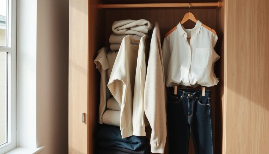 A minimalist, well-organized capsule wardrobe showcasing a selection of quality essential clothing items. The wardrobe is made of natural wood and has clean, simple lines with minimal hardware. The clothes, neatly folded and arranged, include a neutral palette of timeless basics like cotton shirts, wool sweaters, and dark denim. Soft, natural lighting from a nearby window illuminates the wardrobe's contents, creating a serene, uncluttered atmosphere. The overall composition emphasizes quality over quantity, functionality over trend, and a mindful approach to personal style. A minimalist, well-organized capsule wardrobe showcasing a selection of quality essential clothing items. The wardrobe is made of natural wood and has clean, simple lines with minimal hardware. The clothes, neatly folded and arranged, include a neutral palette of timeless basics like cotton shirts, wool sweaters, and dark denim. Soft, natural lighting from a nearby window illuminates the wardrobe's contents, creating a serene, uncluttered atmosphere. The overall composition emphasizes quality over quantity, functionality over trend, and a mindful approach to personal style.
