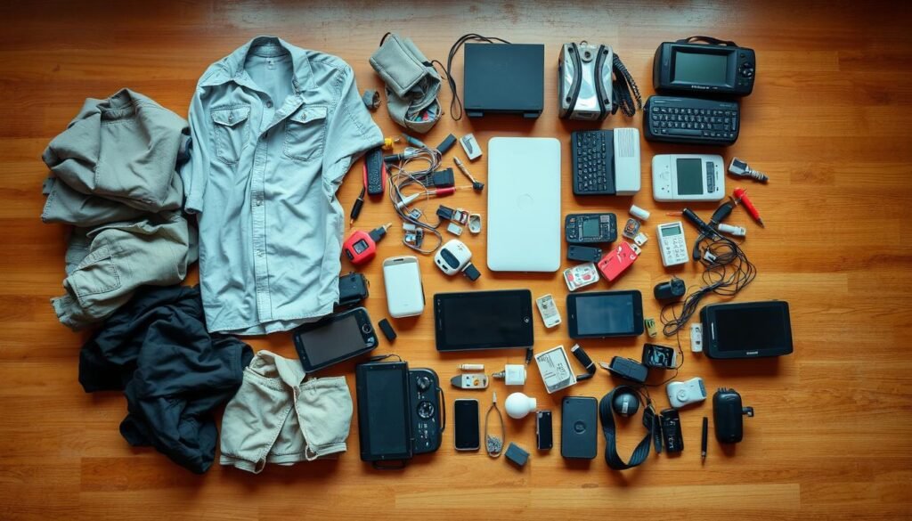 Uma coleção organizada de itens domésticos descartados, incluindo roupas usadas, eletrônicos obsoletos e bugigangas diversas. Os itens são exibidos sobre uma superfície simples de madeira, iluminada por uma luz quente e difusa, projetando sombras suaves que adicionam profundidade e textura à cena. A composição geral transmite uma sensação de organização cuidadosa e um processo deliberado de decidir o que manter e o que descartar, refletindo o conceito de "Desapego Inteligente" do artigo.