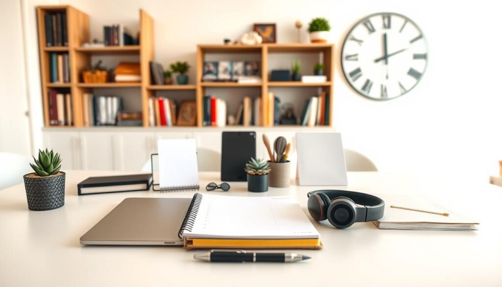 A neatly arranged collection of productivity tools on a clean white desktop, bathed in warm, natural lighting. In the foreground, a sleek, modern laptop, a stylish digital planner, and a minimalist desk organizer. In the middle ground, a high-quality pen, a pair of noise-cancelling headphones, and a small succulent plant. In the background, a few bookshelves filled with reference materials and a large, inspirational wall clock. The overall scene conveys a sense of focus, organization, and a well-curated workspace optimized for maximum productivity.