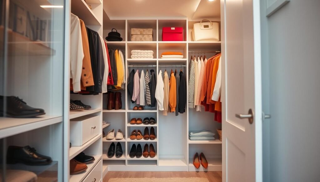 Um armário organizado com roupas, sapatos e acessórios em cores coordenadas. As prateleiras são dispostas com precisão, permitindo fácil visibilidade e acesso. Uma iluminação suave ilumina o espaço, criando uma atmosfera acolhedora e convidativa. A porta está ligeiramente entreaberta, revelando o interior arrumado. A decoração minimalista e a paleta de cores neutras contribuem para uma sensação de tranquilidade e ordem. O ângulo da câmera enfatiza a profundidade e a simetria da composição, demonstrando a eficiência do sistema de armazenamento.