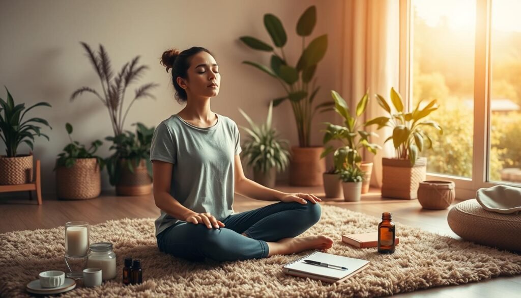 A peaceful and serene home setting, bathed in warm, natural lighting. In the foreground, a person sitting cross-legged on a plush, earthy-toned rug, eyes closed in meditative focus. Surrounding them, various self-care items are artfully arranged - scented candles, essential oils, a cup of herbal tea, a journal and pen. In the middle ground, lush indoor plants and soft, cozy textiles create a soothing, nurturing atmosphere. The background features a large window overlooking a tranquil, nature-inspired scene, hinting at the importance of connecting with the natural world for personal well-being and self-care. maneiras simples de praticar autocuidado em casa