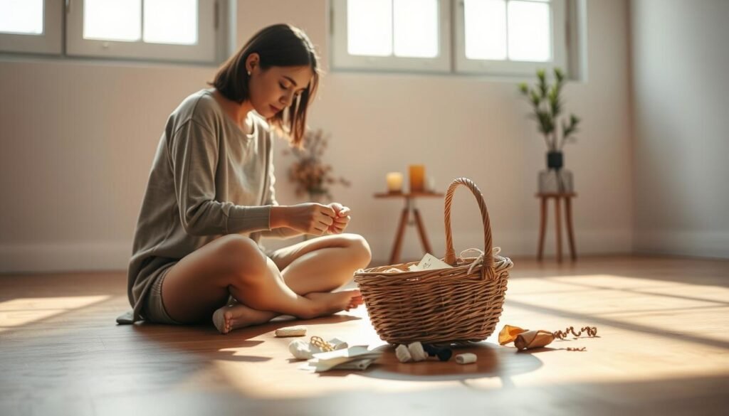 A serene, minimalist interior scene showcasing an annual ritual of letting go. In the foreground, a person sits cross-legged on a wooden floor, deeply focused on carefully unwrapping and releasing small, personal objects from a woven basket. Soft, natural light filters in through large windows, casting a warm glow and gentle shadows. In the middle ground, simple, elegant decor - a few potted plants, a small table, a single candle - creates a calming, introspective atmosphere. The background is a plain, white wall, emphasizing the simplicity and significance of the ritual. The overall mood is one of contemplation, mindfulness, and the cathartic act of releasing emotional attachments. melhores dicas para desapegar de itens sentimentais