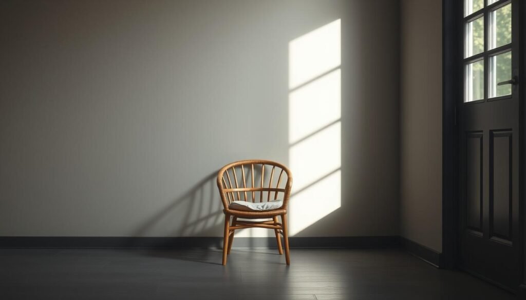 A serene, minimalist still life scene of a waiting room or entryway, depicting a sense of detachment and letting go. In the center, a simple wooden or wicker chair, its cushion slightly worn, stands alone against a muted, neutral-toned wall. Soft, diffused natural light filters in through a nearby window, casting gentle shadows and a calming, introspective atmosphere. The overall composition conveys a feeling of simplicity, tranquility, and the gradual process of letting go of sentimental attachments, in line with the article's theme. melhores dicas para desapegar de itens sentimentais