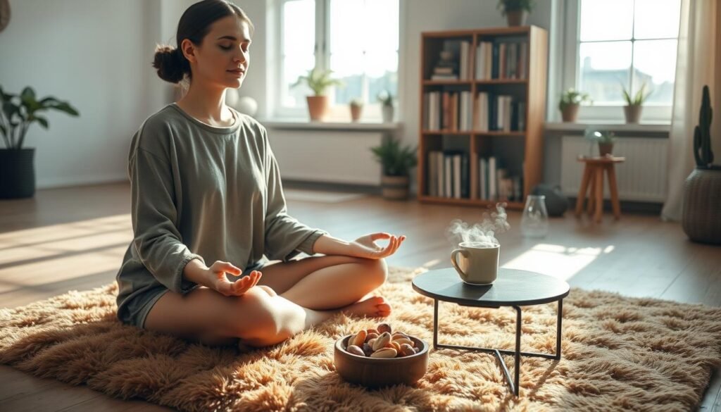 A serene morning routine unfolds in a cozy, sun-dappled room. In the foreground, a person sits cross-legged on a plush, earthy-toned rug, eyes closed in quiet meditation, hands resting gently on their lap. On a low table nearby, a steaming mug of tea and a small bowl of fresh fruit and nuts. Soft, natural lighting filters in through large windows, casting a warm glow on the scene. In the background, a bookshelf laden with well-worn volumes and a few potted plants, hinting at a space dedicated to introspection and personal growth. The overall mood is one of tranquility, mindfulness, and the comforting rhythm of a daily ritual.