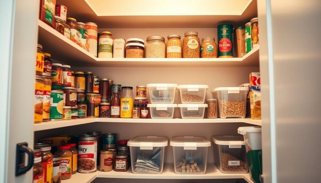 A small, well-organized kitchen pantry with shelves neatly stocked. The foreground showcases various canned goods, jars, and boxes meticulously arranged, creating a visually appealing display. The middle ground features a set of clear plastic containers and labeled storage bins, allowing for easy visibility and access to staple ingredients. In the background, the pantry walls are painted a soft, neutral color, contributing to a serene and inviting atmosphere. The lighting is warm and gentle, highlighting the orderly nature of the space. The overall composition conveys a sense of control, efficiency, and a desire for a clutter-free, functional kitchen environment. como organizar uma pequena despensa de cozinha