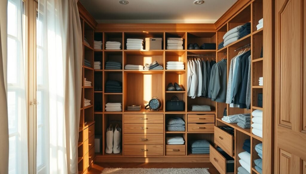 Como organizar o armário: Um guarda-roupa espaçoso e bem organizado em um quarto aconchegante e rústico. A luz do sol entra pelas cortinas transparentes, lançando um brilho aconchegante nas prateleiras e gavetas de madeira. Roupas cuidadosamente dobradas e acessórios cuidadosamente dispostos criam uma sensação de ordem e tranquilidade. O ângulo da câmera captura o guarda-roupa por inteiro, destacando seu interior limpo e organizado. O clima geral é de calma e eficiência, refletindo a tarefa de preparar o guarda-roupa para uma configuração nova e organizada.
