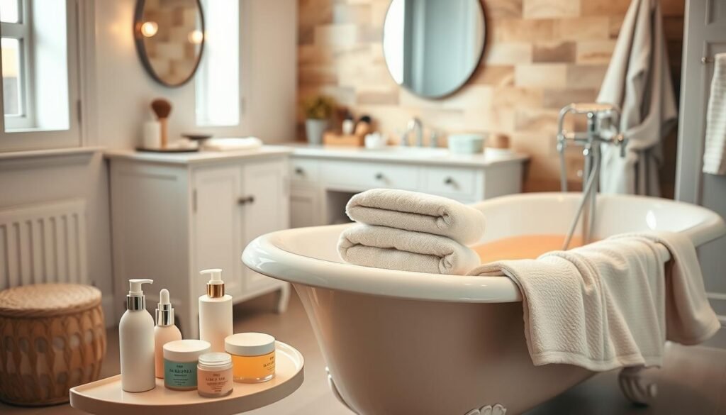 A tranquil and serene bathroom setting, with soft lighting and a calming atmosphere. In the foreground, a claw-foot bathtub filled with warm, fragrant water and surrounded by an array of skincare products - lotions, serums, and face masks in pastel-colored jars. Plush towels and a robe are neatly folded nearby, inviting the viewer to indulge in a relaxing self-care ritual. The middle ground features a vanity with a mirror, brushes, and other grooming essentials, while the background showcases a soothing mural or tiled wall in earthy tones. The overall composition evokes a sense of mindfulness, relaxation, and the simple pleasures of at-home pampering. maneiras simples de praticar autocuidado em casa