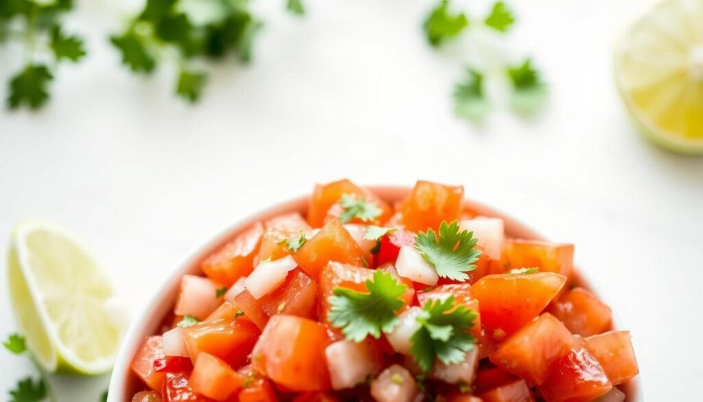 A vibrant bowl of freshly chopped salsa, with diced tomatoes, onions, cilantro, and a hint of lime. The ingredients are arranged artfully, with the colors popping against a clean, white background. Soft, natural lighting casts a warm glow, highlighting the texture and moisture of the salsa. The overall composition is balanced and visually appealing, evoking the fresh, flavorful essence of this versatile herb-based condiment. This image perfectly captures the essence of the "Salsa, manjericão e outras ervas: aromatizando a cozinha o ano todo" section, showcasing the key ingredients and presentation that would complement the article's subject. A vibrant bowl of freshly chopped salsa, with diced tomatoes, onions, cilantro, and a hint of lime. The ingredients are arranged artfully, with the colors popping against a clean, white background. Soft, natural lighting casts a warm glow, highlighting the texture and moisture of the salsa. The overall composition is balanced and visually appealing, evoking the fresh, flavorful essence of this versatile herb-based condiment. This image perfectly captures the essence of the "Salsa, manjericão e outras ervas: aromatizando a cozinha o ano todo" section, showcasing the key ingredients and presentation that would complement the article's subject.