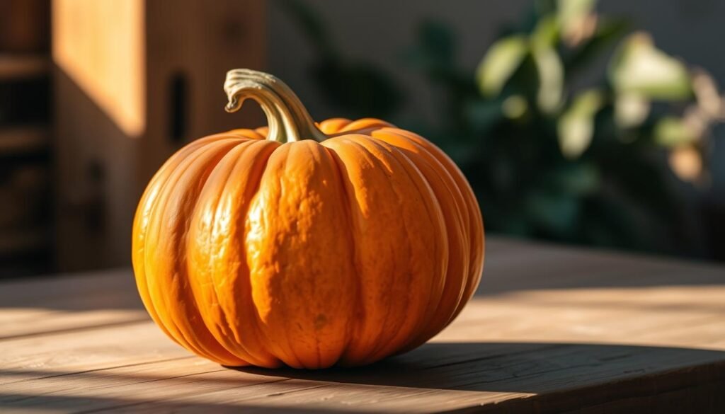 A vibrant, close-up photograph of a ripe, orange pumpkin or squash (abóbora) sitting on a rustic wooden surface. The pumpkin is illuminated by warm, natural lighting, casting gentle shadows that accentuate its textured skin and round, bulbous shape. The background is slightly blurred, creating a sense of depth and focus on the pumpkin as the primary subject. The image has a welcoming, autumnal atmosphere, conveying the beauty and bounty of this versatile vegetable in a compact, homegrown setting. A vibrant, close-up photograph of a ripe, orange pumpkin or squash (abóbora) sitting on a rustic wooden surface. The pumpkin is illuminated by warm, natural lighting, casting gentle shadows that accentuate its textured skin and round, bulbous shape. The background is slightly blurred, creating a sense of depth and focus on the pumpkin as the primary subject. The image has a welcoming, autumnal atmosphere, conveying the beauty and bounty of this versatile vegetable in a compact, homegrown setting.