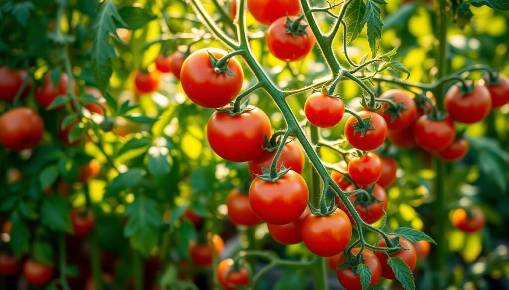 A vibrant tomato plant, its lush green foliage and plump, juicy red tomatoes filling the frame. The sun's warm rays cast a golden glow, highlighting the plant's intricate structure - sturdy stems, delicate leaves, and clusters of ripe fruit. In the foreground, a mix of standard and cherry tomatoes, showcasing the visual and textural differences between the two types. The background is softly blurred, allowing the viewer to focus on the plant's captivating details. Captured with a shallow depth of field, the image exudes a sense of natural beauty and abundance, perfectly encapsulating the essence of a thriving tomato garden. melhores vegetais para cultivar em uma pequena horta