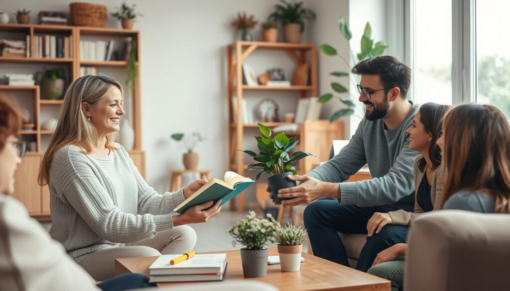A warm, cozy living room setting with people gathered around a coffee table, passing items back and forth. In the foreground, two women smiling as they exchange a book. In the middle ground, a man hands a potted plant to his neighbor. The background features bookshelves, plants, and personal decor, conveying a sense of community and shared resources. Soft, natural lighting filters through large windows, creating a welcoming atmosphere. The scene embodies the spirit of borrowing, sharing, and building supportive networks within a minimalist home environment. A warm, cozy living room setting with people gathered around a coffee table, passing items back and forth. In the foreground, two women smiling as they exchange a book. In the middle ground, a man hands a potted plant to his neighbor. The background features bookshelves, plants, and personal decor, conveying a sense of community and shared resources. Soft, natural lighting filters through large windows, creating a welcoming atmosphere. The scene embodies the spirit of borrowing, sharing, and building supportive networks within a minimalist home environment.