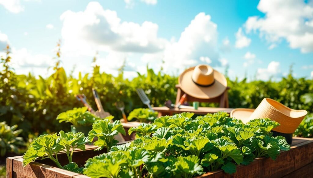 A well-lit garden scene with a lush, verdant backdrop. In the foreground, a wooden planter box filled with thriving vegetables, their leaves glistening in the warm sunlight. The middle ground features various garden tools and a straw hat resting on a garden bench, suggesting the careful attention of a gardener. The background showcases a clear blue sky with fluffy white clouds, creating a serene and inviting atmosphere. The overall composition emphasizes the harmony between the natural elements, highlighting the importance of carefully considering space, sunlight, and climate when cultivating a bountiful small-scale vegetable garden. melhores vegetais para cultivar em uma pequena horta