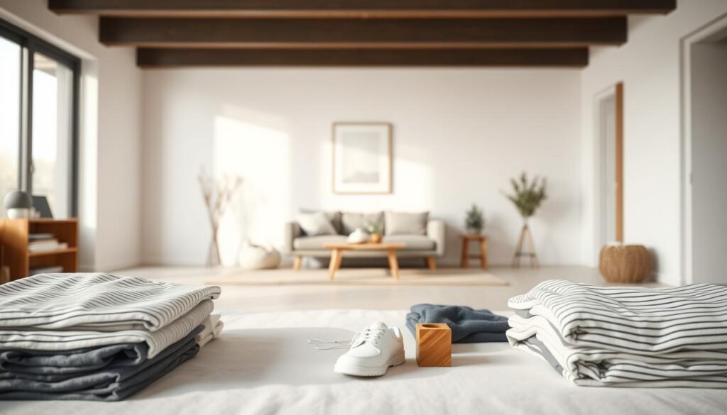 A well-organized, minimalist home interior with clean lines and a sense of tranquility. In the foreground, neatly arranged piles of folded clothing and a few essential décor pieces. In the middle ground, a sparse but functional furniture arrangement, including a low-profile sofa and a wooden side table. The background features a neutral-toned wall with a single framed artwork, creating a balanced and uncluttered visual composition. Natural lighting filters in from a large window, casting a warm, diffused glow throughout the space. The overall atmosphere is one of simplicity, order, and a harmonious flow, reflecting the principles of a minimalist lifestyle. como viver um estilo de vida minimalista em casa