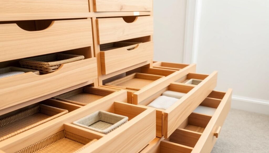 Um conjunto de gavetas bem organizado com design clean e minimalista. As gavetas são feitas de madeira natural com acabamento claro, dispostas em uma grade simétrica. O primeiro plano apresenta várias gavetas abertas, revelando recipientes e divisórias cuidadosamente selecionados, feitos de materiais em tons neutros, como vime, bambu e tecido. O fundo é um espaço claro e arejado com uma parede branca simples, sugerindo uma atmosfera tranquila e organizada, ideal para um closet ou closet organizado. Uma iluminação suave e difusa ilumina suavemente o ambiente, enfatizando a natureza ordenada e relaxante da composição.
