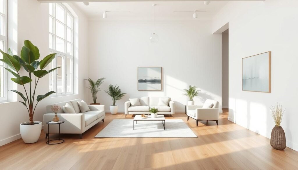 Minimalist home interior, open-concept living room with white walls, hardwood floors, and large windows letting in natural light. Sparse, clean-lined furniture in neutral tones, including a couch, armchair, and coffee table. Potted plants and a simple piece of abstract art on the wall create a sense of balance and tranquility. The overall aesthetic is one of understated elegance and a focus on quality over quantity, emphasizing the "less is more" philosophy of minimalism. como viver um estilo de vida minimalista em casa